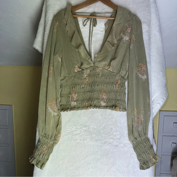 Free People Tops - Free People Olive Floral Blouse